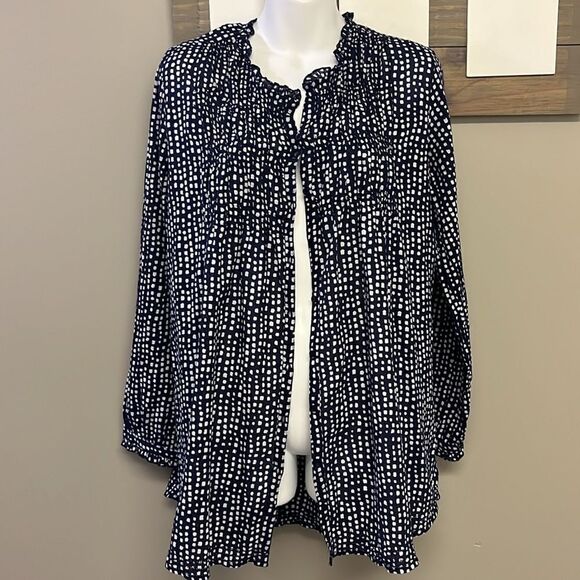 Lola Australia Navy Abstract Dotted Cotton Button Down V-Neck Ruffled Tunic- Lrg - Picture 4 of 10